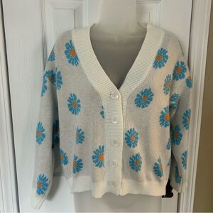 En Creme Women Button Down Sweater Vneck Long Puff Sleeve Knit Cardigan Daisy